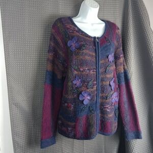 Napa Valley Women's Cardigan M Floral Applique Zipper‎ Knit Metallic Threads